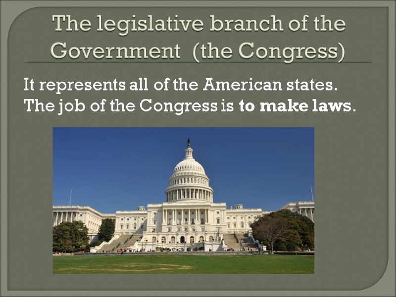 The legislative branch of the Government  (the Congress) It represents all of the